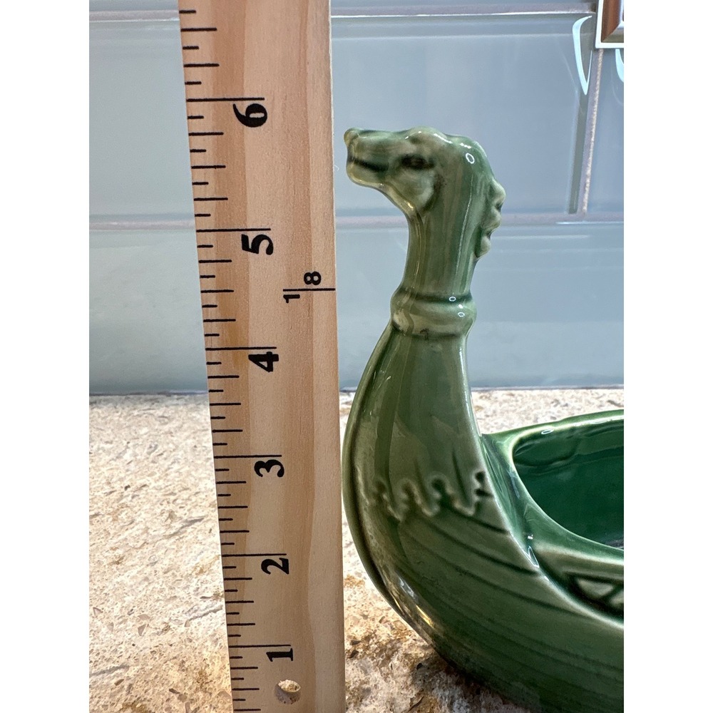 Vintage Green Ceramic Viking Longship Planter Dragon Boat Centerpiece 15 Inch - Picture 9 of 11